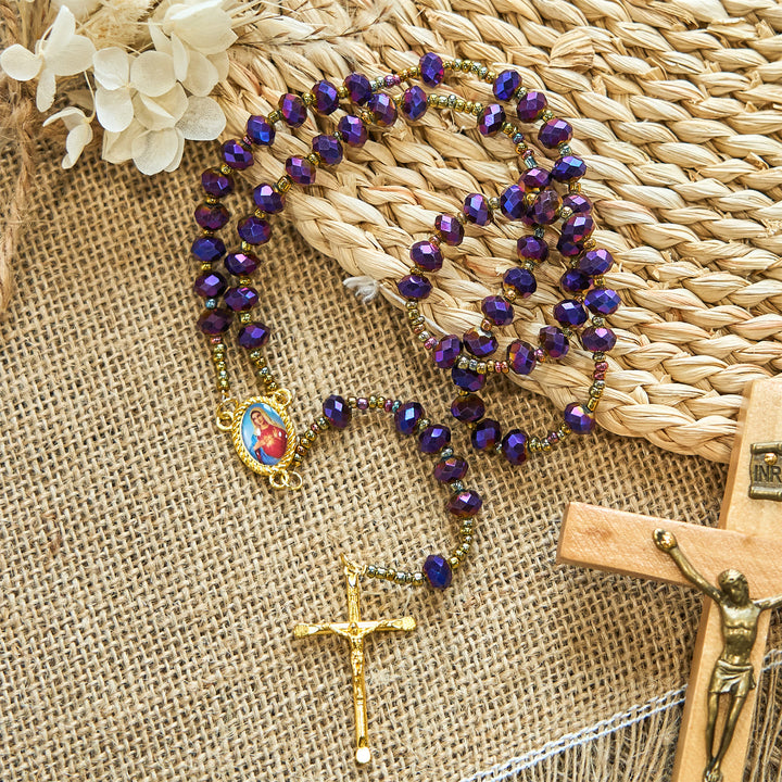 Christianartworkshop Médaille Notre-Dame et crucifix en perles de verre violet et cristal de 8 mm - image 1