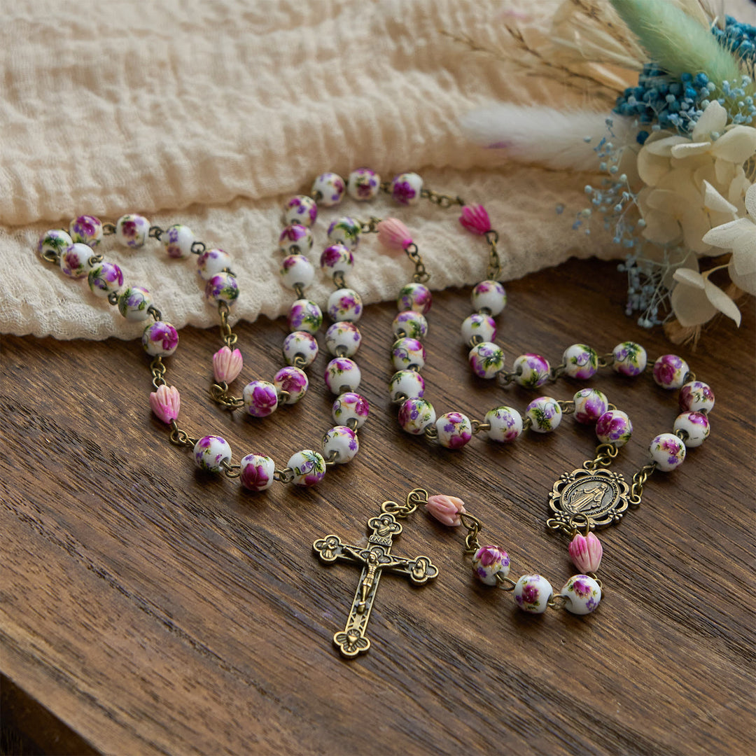 Christianartworkshop Médaille miraculeuse et crucifix en perles de céramique de 8 mm et perles de résine en forme de fleur, chapelet fait main - image 1