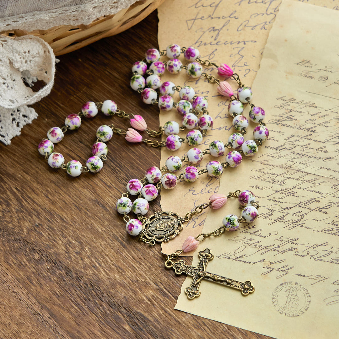 Christianartworkshop Médaille miraculeuse et crucifix en perles de céramique de 8 mm et perles de résine en forme de fleur, chapelet fait main - image 4