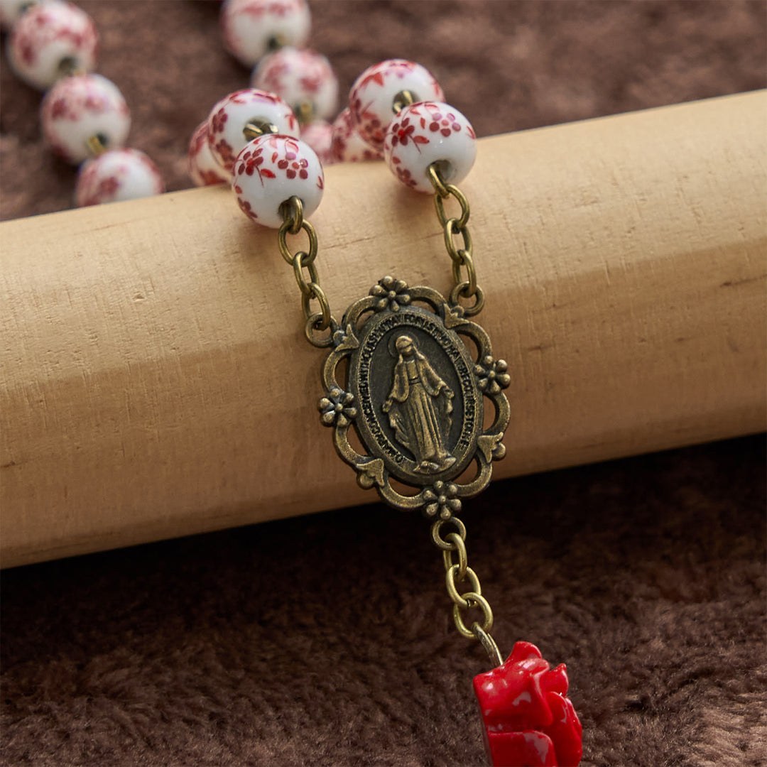 Christianartworkshop Médaille miraculeuse et crucifix en perles de céramique de 8 mm et perles de cinabre rose, chapelet fait main - image 6