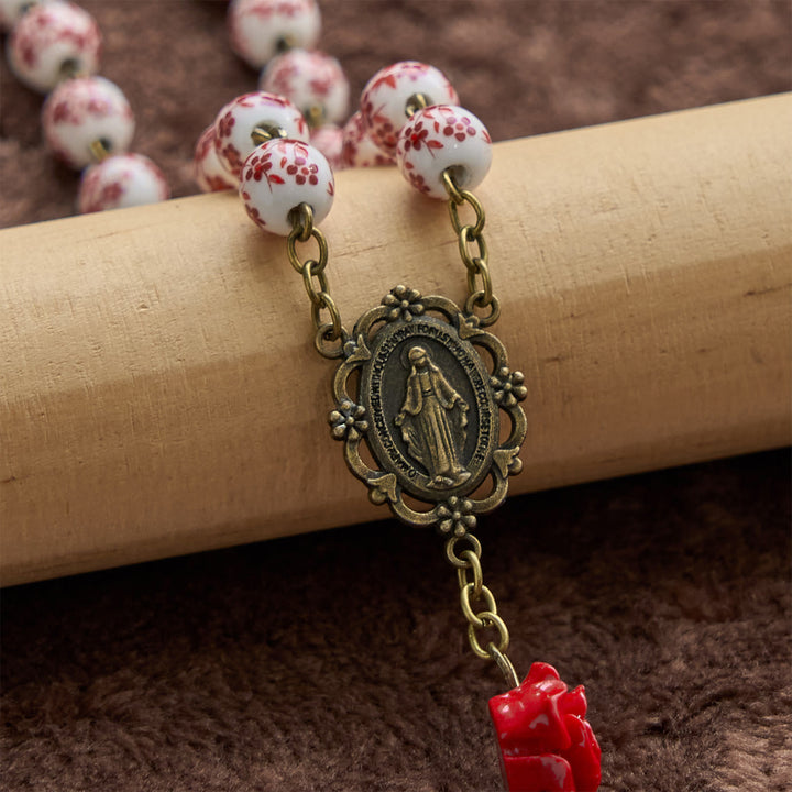Christianartworkshop Médaille miraculeuse et crucifix en perles de céramique de 8 mm et perles de cinabre rose, chapelet fait main - image 6