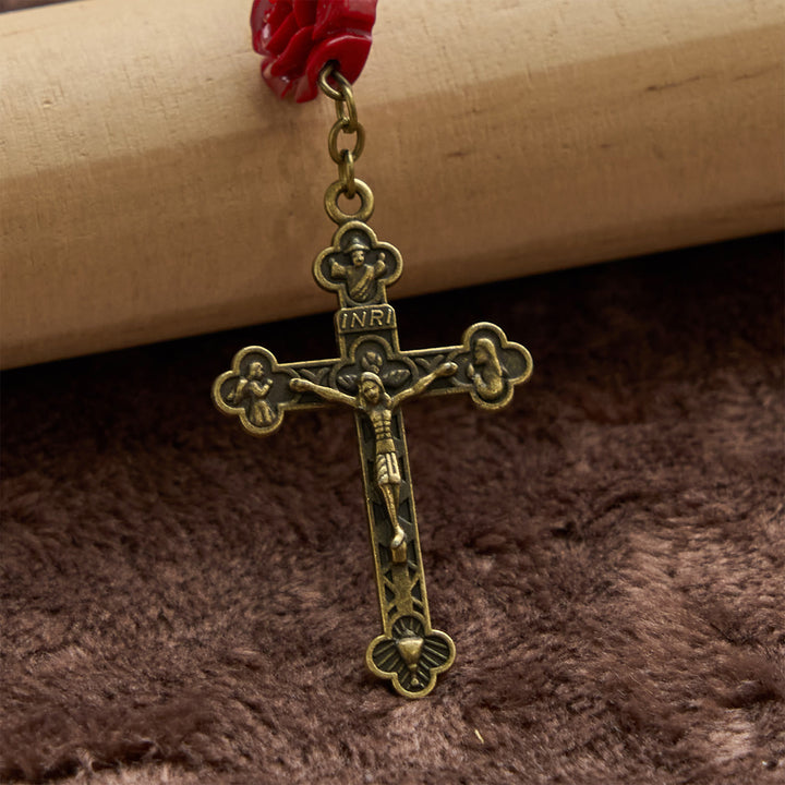 Christianartworkshop Médaille miraculeuse et crucifix en perles de céramique de 8 mm et perles de cinabre rose, chapelet fait main - image 7