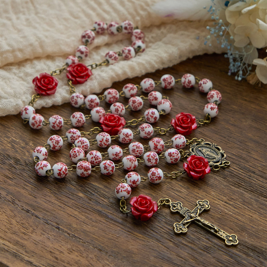 Christianartworkshop Médaille miraculeuse et crucifix en perles de céramique de 8 mm et perles de cinabre rose, chapelet fait main - image 1