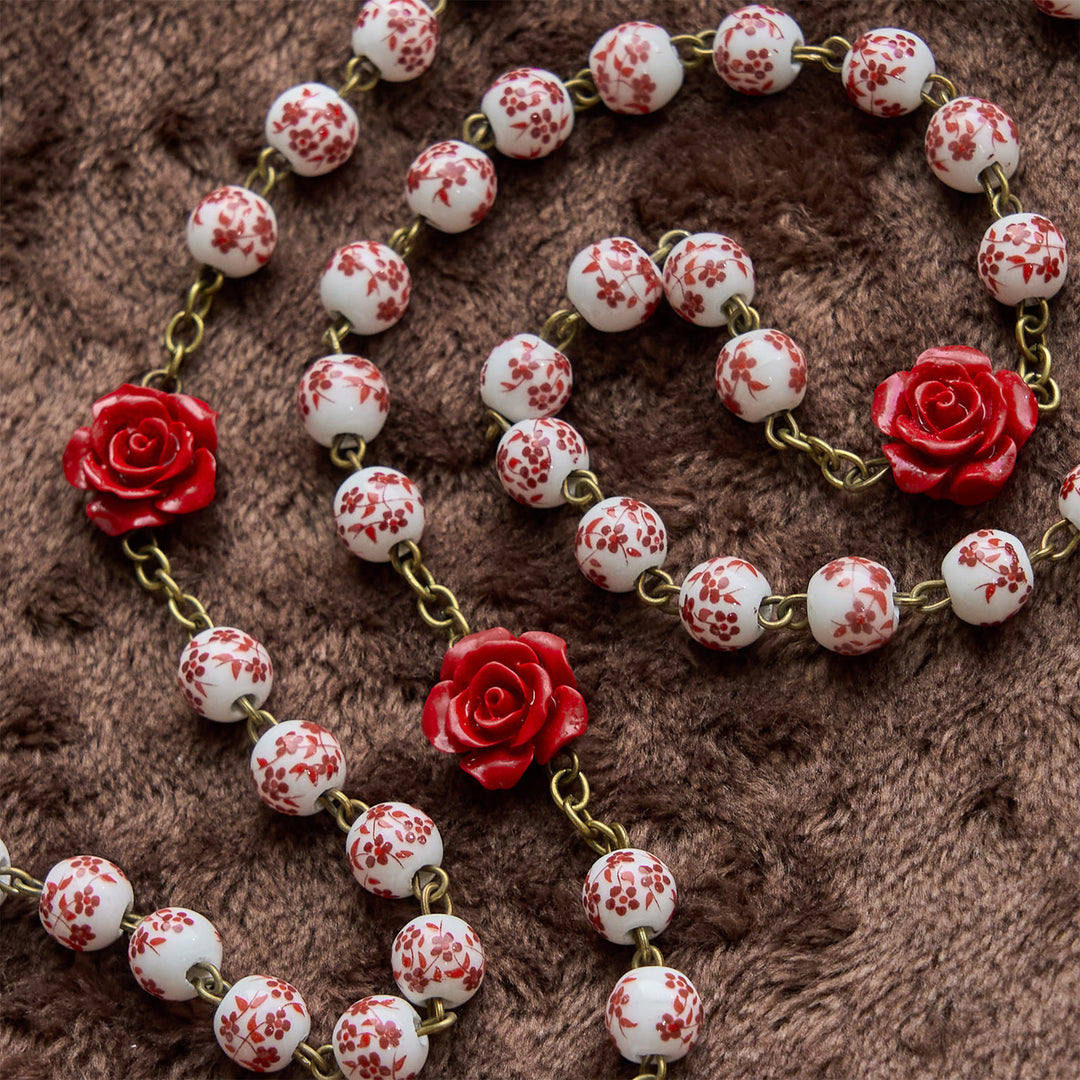 Christianartworkshop Médaille miraculeuse et crucifix en perles de céramique de 8 mm et perles de cinabre rose, chapelet fait main - image 5