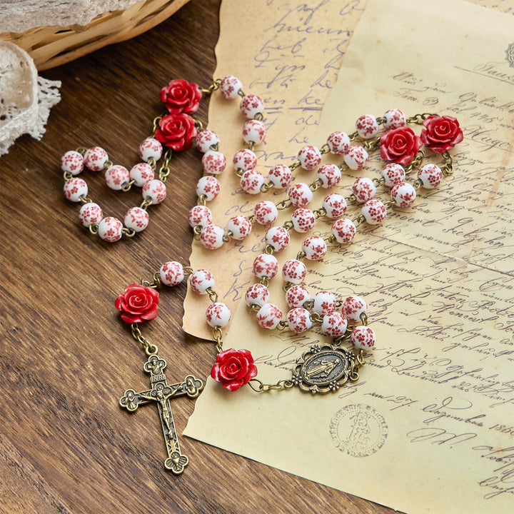 Christianartworkshop Médaille miraculeuse et crucifix en perles de céramique de 8 mm et perles de cinabre rose, chapelet fait main - image 4