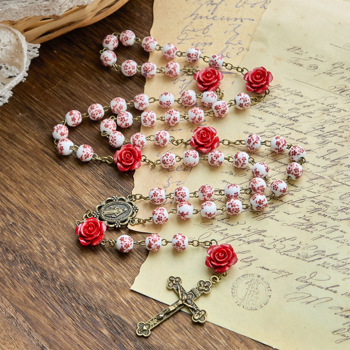 Christianartworkshop Médaille miraculeuse et crucifix en perles de céramique de 8 mm et perles de cinabre rose, chapelet fait main - image 3