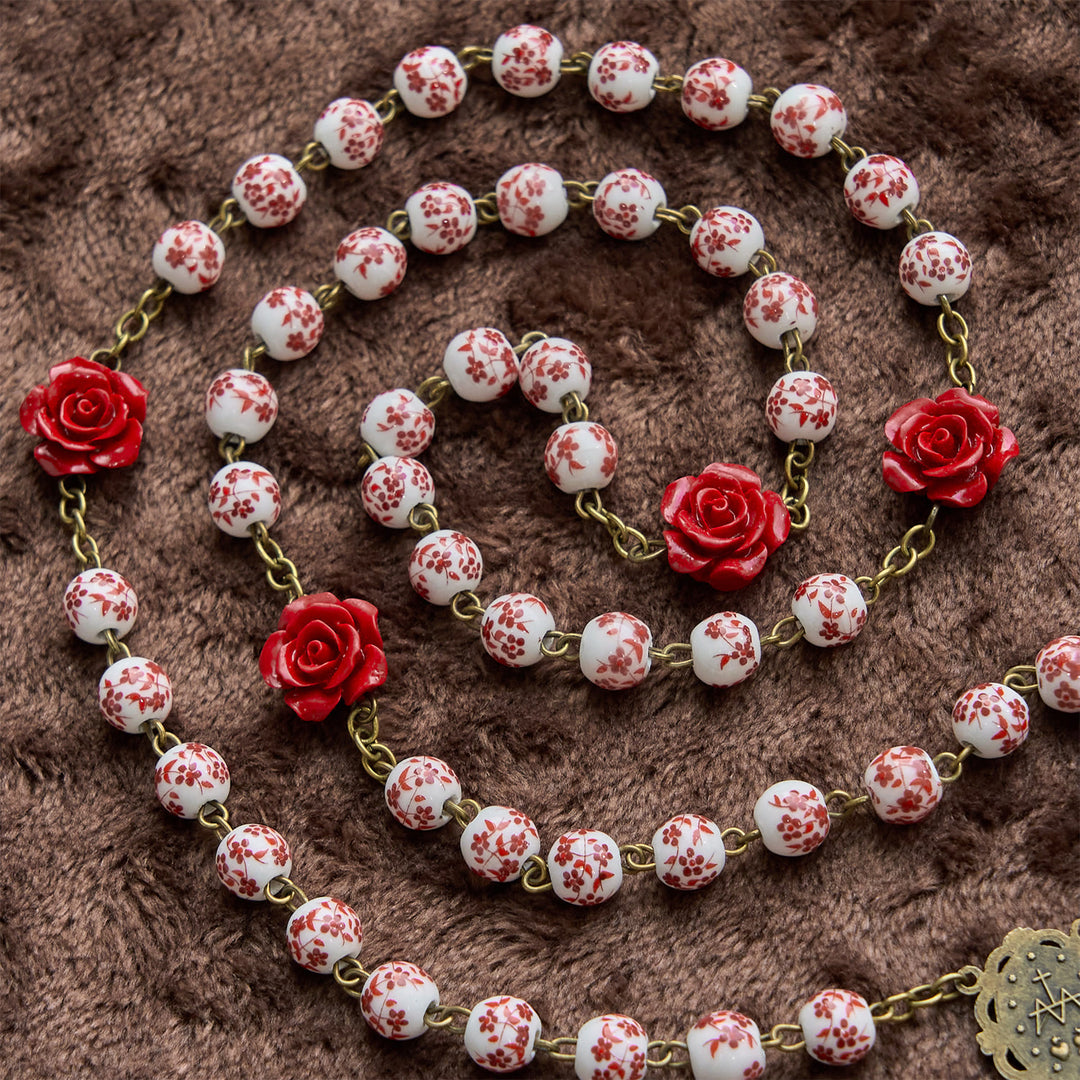 Christianartworkshop Médaille miraculeuse et crucifix en perles de céramique de 8 mm et perles de cinabre rose, chapelet fait main - image 2