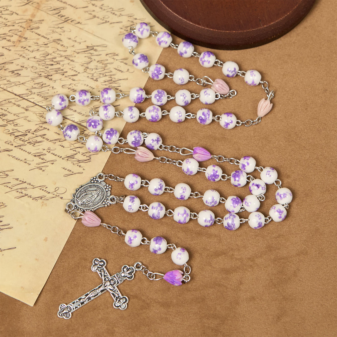 Christianartworkshop FOI PRIÉE : Chapelet fait main en perles de fleurs violettes avec carte cadeau - image 5