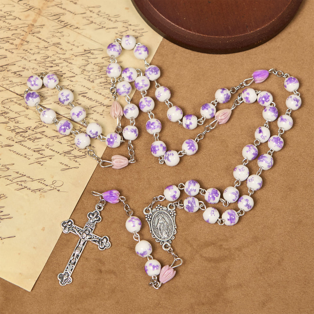 Christianartworkshop FOI PRIÉE : Chapelet fait main en perles de fleurs violettes avec carte cadeau - image 6