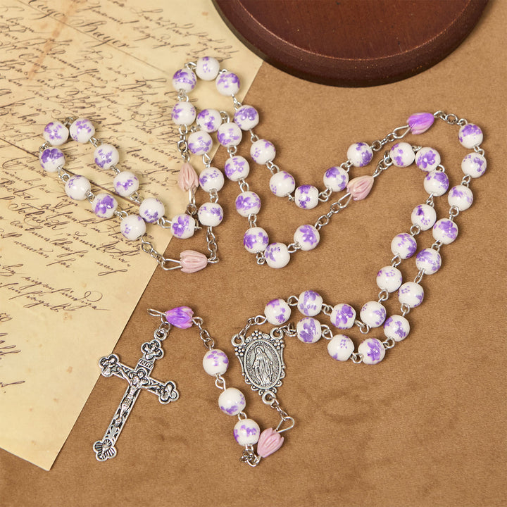 Christianartworkshop FOI PRIÉE : Chapelet fait main en perles de fleurs violettes avec carte cadeau - image 6