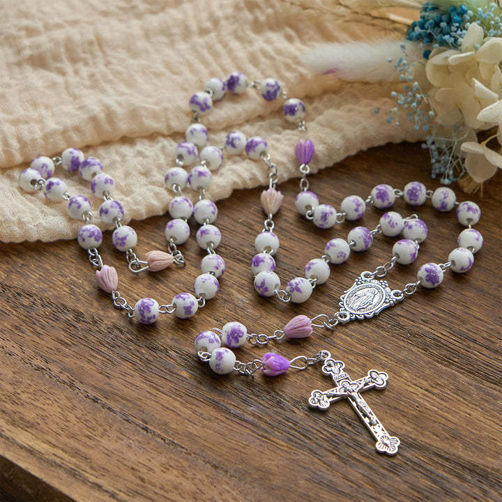 Christianartworkshop FOI PRIÉE : Chapelet fait main en perles de fleurs violettes avec carte cadeau - image 3
