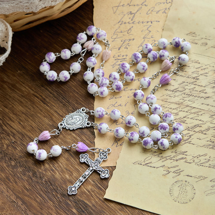 Christianartworkshop FOI PRIÉE : Chapelet fait main en perles de fleurs violettes avec carte cadeau - image 7