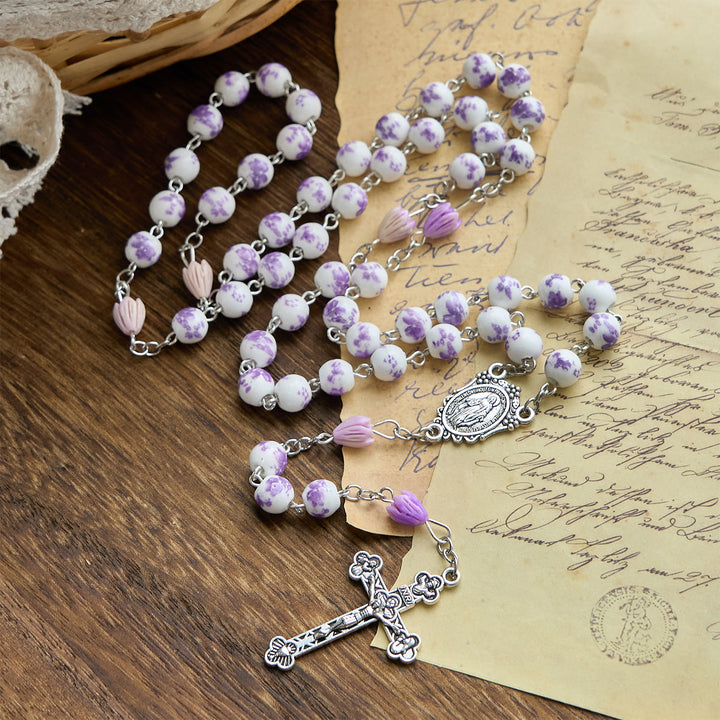 Christianartworkshop FOI PRIÉE : Chapelet fait main en perles de fleurs violettes avec carte cadeau - image 4