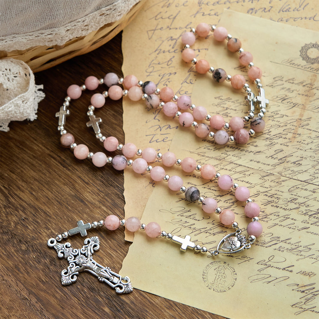 Christianartworkshop FOI PRIÉE : Chapelet fait main à perles rondes roses avec carte cadeau - image 3