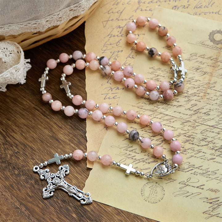 Christianartworkshop FOI PRIÉE : Chapelet fait main à perles rondes roses avec carte cadeau - image 3