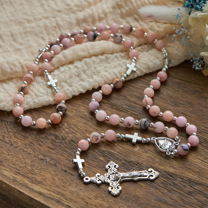 Christianartworkshop FOI PRIÉE : Chapelet fait main à perles rondes roses avec carte cadeau - image 5