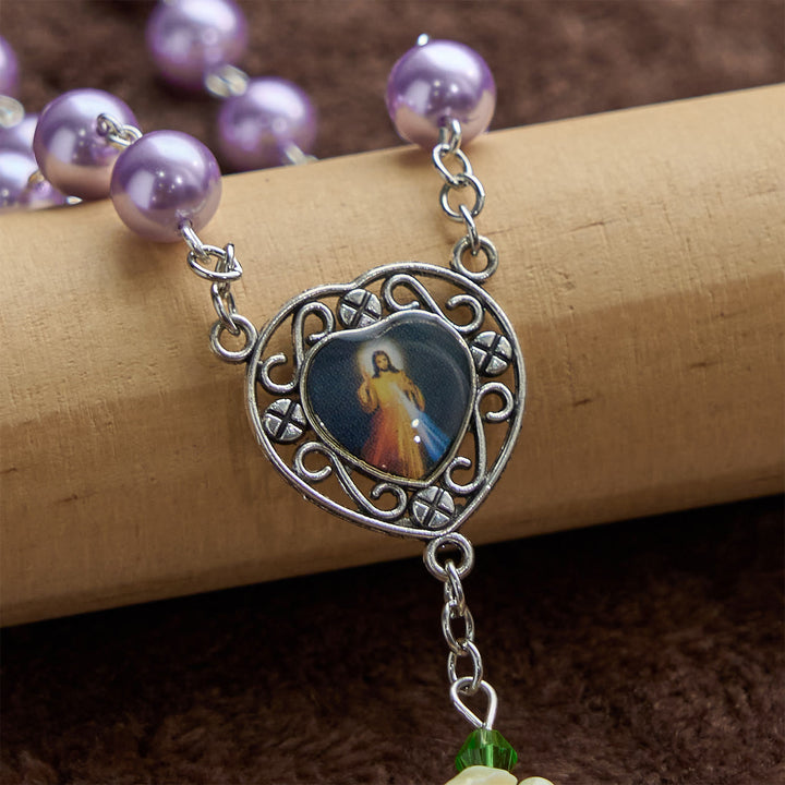 Christianartworkshop FOI PRIÉE : Chapelet de la Miséricorde Divine fait main, orné de perles violettes et de fleurs, avec carte cadeau - image 6