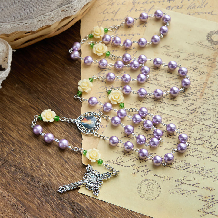 Christianartworkshop FOI PRIÉE : Chapelet de la Miséricorde Divine fait main, orné de perles violettes et de fleurs, avec carte cadeau - image 2