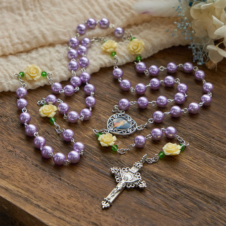 Christianartworkshop FOI PRIÉE : Chapelet de la Miséricorde Divine fait main, orné de perles violettes et de fleurs, avec carte cadeau - image 3