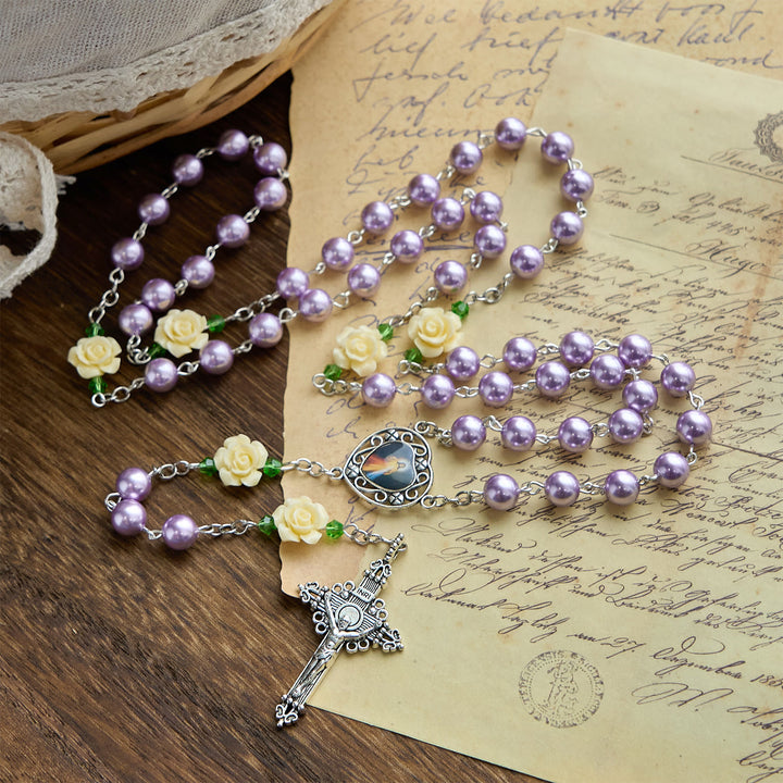 Christianartworkshop FOI PRIÉE : Chapelet de la Miséricorde Divine fait main, orné de perles violettes et de fleurs, avec carte cadeau - image 4