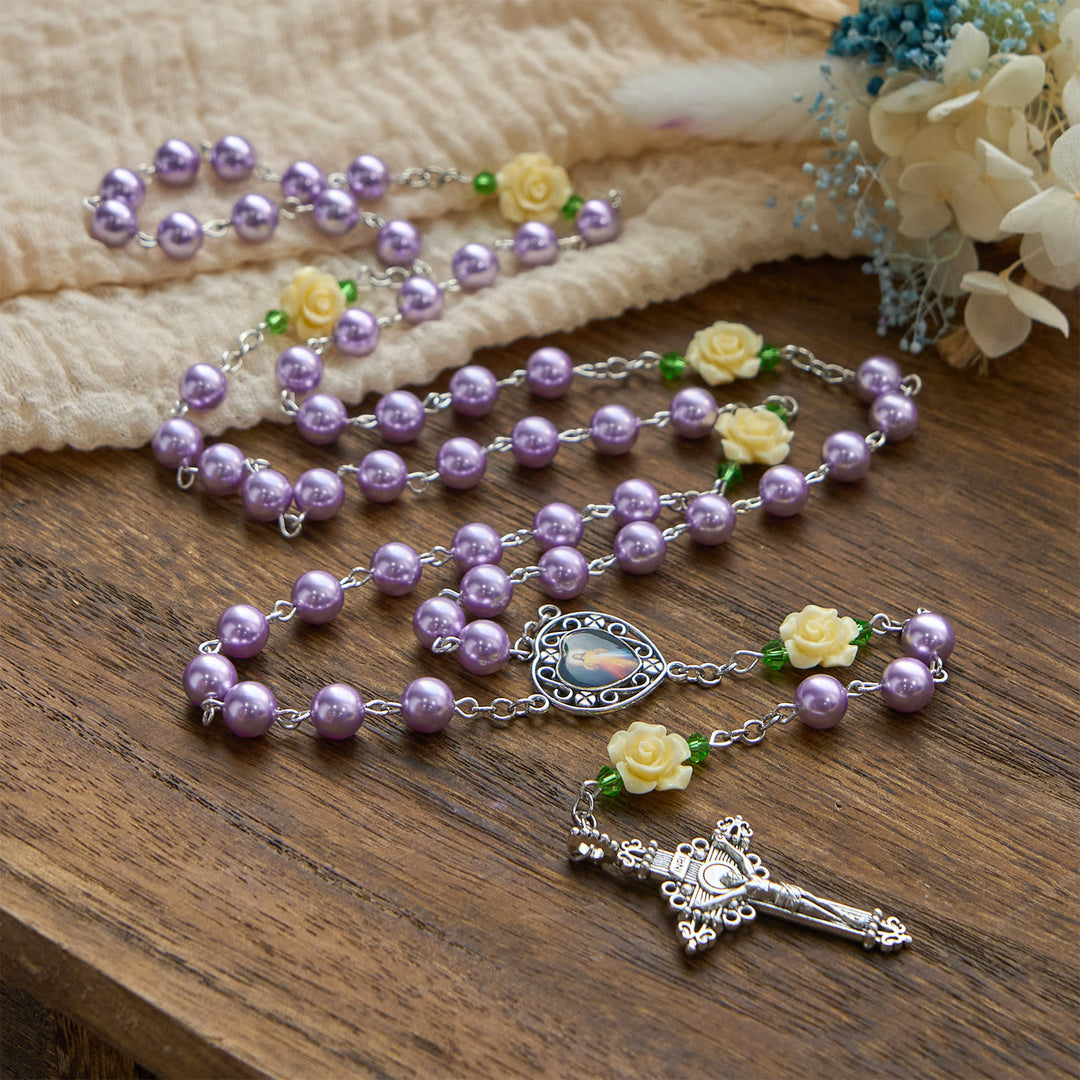Christianartworkshop FOI PRIÉE : Chapelet de la Miséricorde Divine fait main, orné de perles violettes et de fleurs, avec carte cadeau - image 5