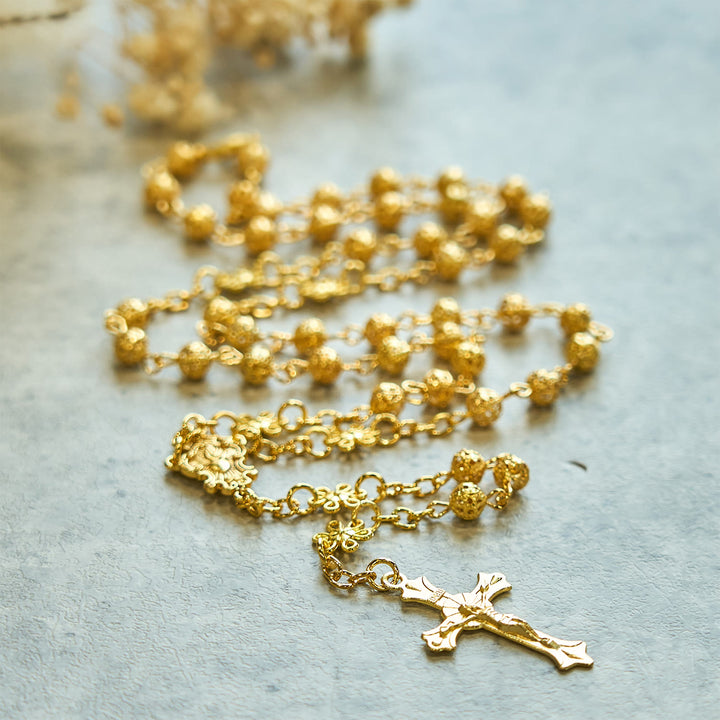 Christianartworkshop Sacré-Cœur de Jésus et crucifix en boule de métal doré de 6 mm, chapelet en forme de fleur - image 4
