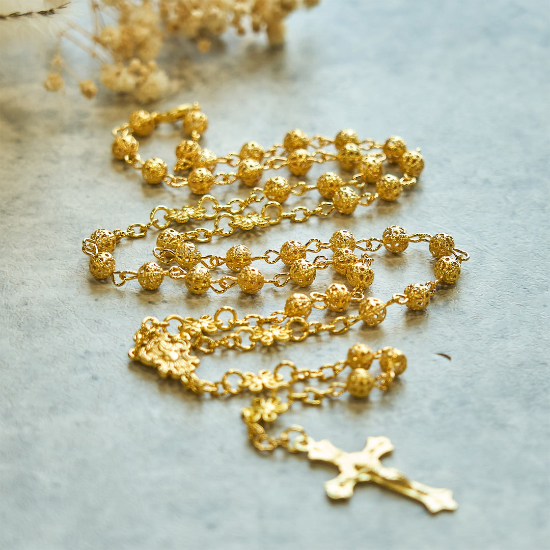 Christianartworkshop Sacré-Cœur de Jésus et crucifix en boule de métal doré de 6 mm, chapelet en forme de fleur - image 5