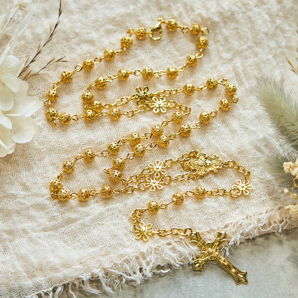 Christianartworkshop Sacré-Cœur de Jésus et crucifix en boule de métal doré de 6 mm, chapelet en forme de fleur - image 1