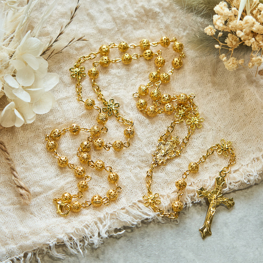 Christianartworkshop Sacré-Cœur de Jésus et crucifix en boule de métal doré de 6 mm, chapelet en forme de fleur - image 6
