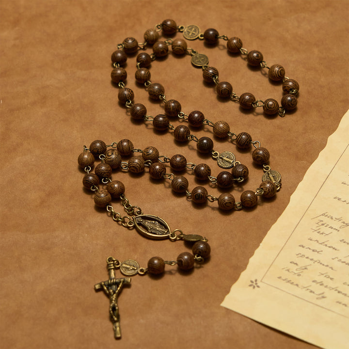 Christianartworkshop Médaille miraculeuse et crucifix, médaille de saint Benoît, chapelet de perles en bois de 8 mm - image 5