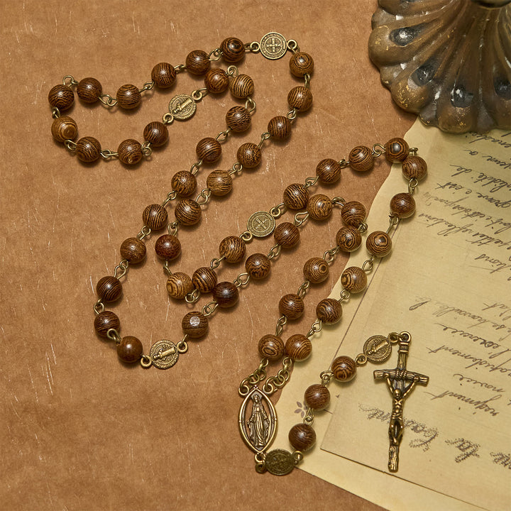 Christianartworkshop Médaille miraculeuse et crucifix, médaille de saint Benoît, chapelet de perles en bois de 8 mm - Perles en bois - image 0