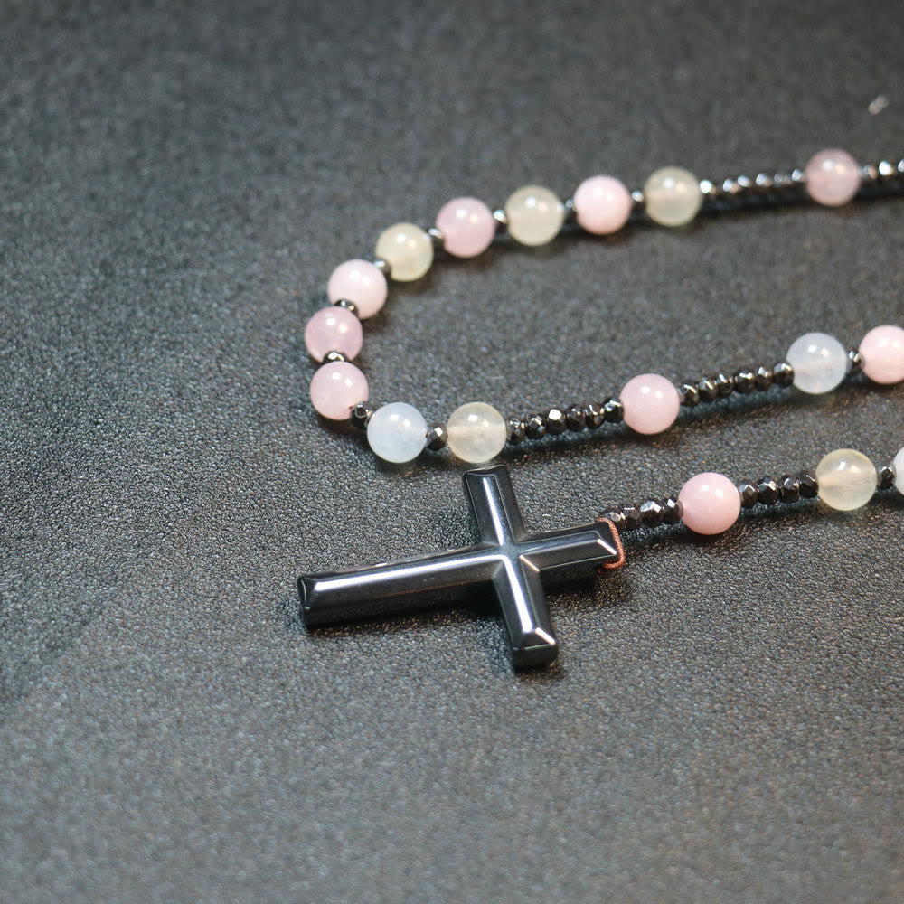 Christianartworkshop Chapelet en croix de pierres de morganite de 8 mm et de calculs biliaires en fer - image 3