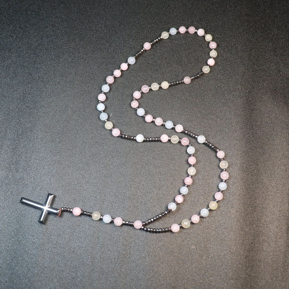 Christianartworkshop Chapelet en croix de pierres de morganite de 8 mm et de calculs biliaires en fer - image 2