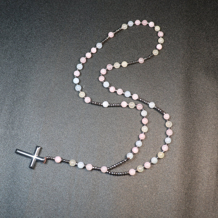 Christianartworkshop Chapelet en croix de pierres de morganite de 8 mm et de calculs biliaires en fer - image 2