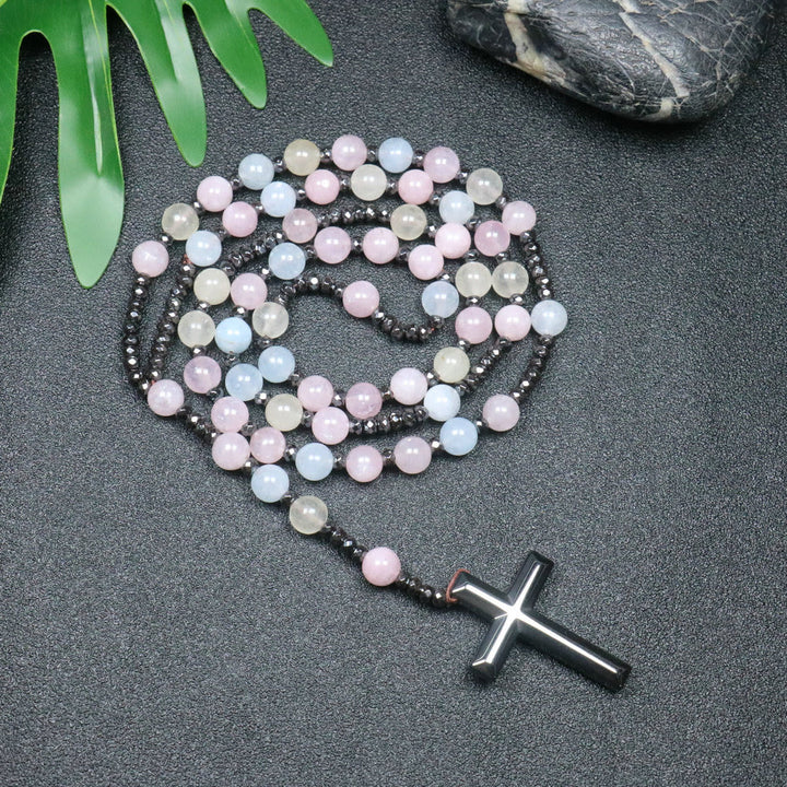 Christianartworkshop Chapelet en croix de pierres de morganite de 8 mm et de calculs biliaires en fer - Perles de morganite - image 0