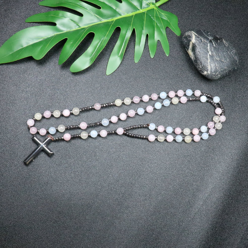 Christianartworkshop Chapelet en croix de pierres de morganite de 8 mm et de calculs biliaires en fer - image 1