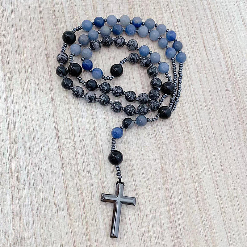 Chapelet en perles d'aventurine bleue et d'albâtre de 8 mm avec croix, Christianartworkshop - Perles d'aventurine et d'albâtre - image 0