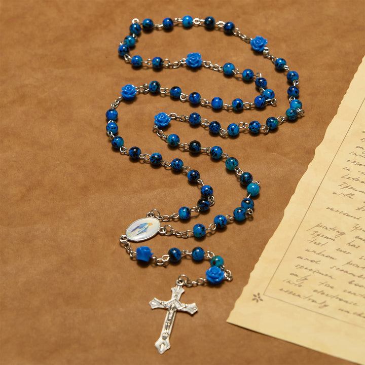 Christianartworkshop Chapelet de prière avec perles de pierre bleu royal, rose miraculeuse, médaille et crucifix - image 5