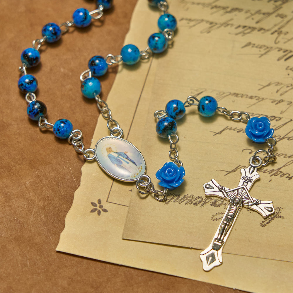Christianartworkshop Chapelet de prière avec perles de pierre bleu royal, rose miraculeuse, médaille et crucifix - image 1