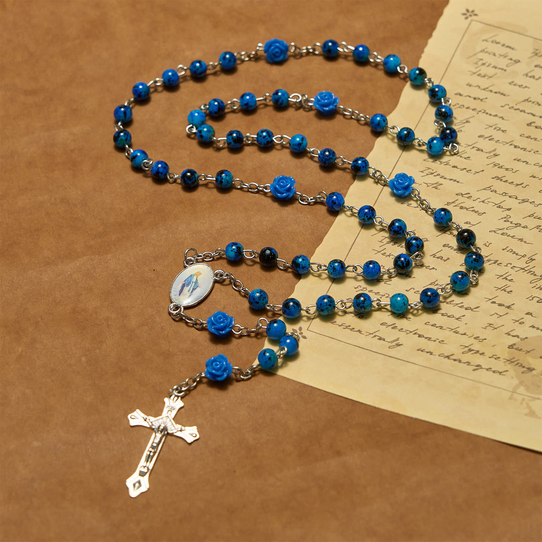 Christianartworkshop Chapelet de prière avec perles de pierre bleu royal, rose miraculeuse, médaille et crucifix - image 2