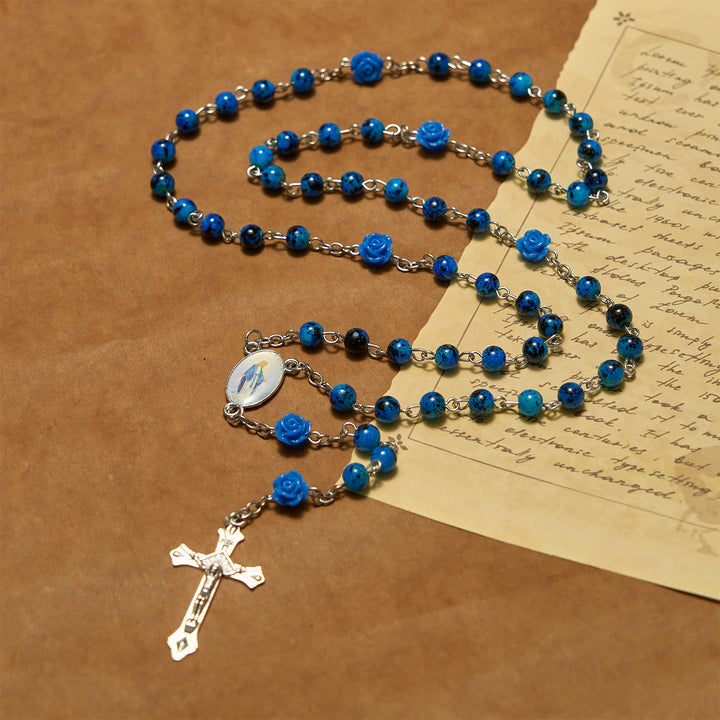 Christianartworkshop Chapelet de prière avec perles de pierre bleu royal, rose miraculeuse, médaille et crucifix - image 2