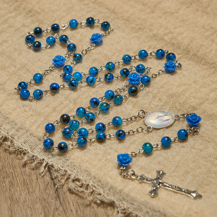 Christianartworkshop Chapelet de prière avec perles de pierre bleu royal, rose miraculeuse, médaille et crucifix - image 4