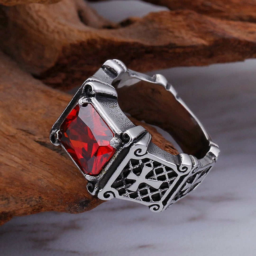 Bague de couple ornée d'une croix en pierre précieuse rouge et noire de Christianartworkshop : un symbole de foi et d'élégance - Rouge - US 13 - image 0