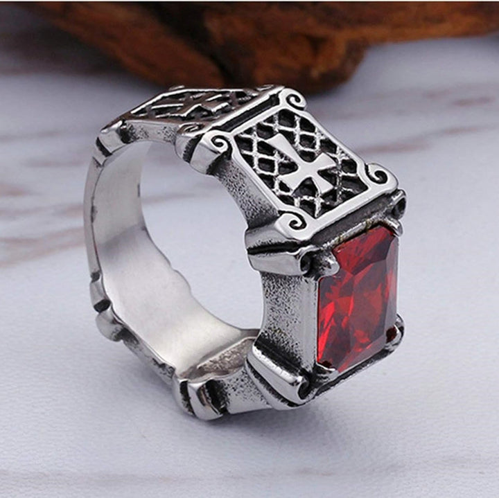 Bague de couple ornée d'une croix en pierre précieuse rouge et noire de Christianartworkshop : un symbole de foi et d'élégance - image 11
