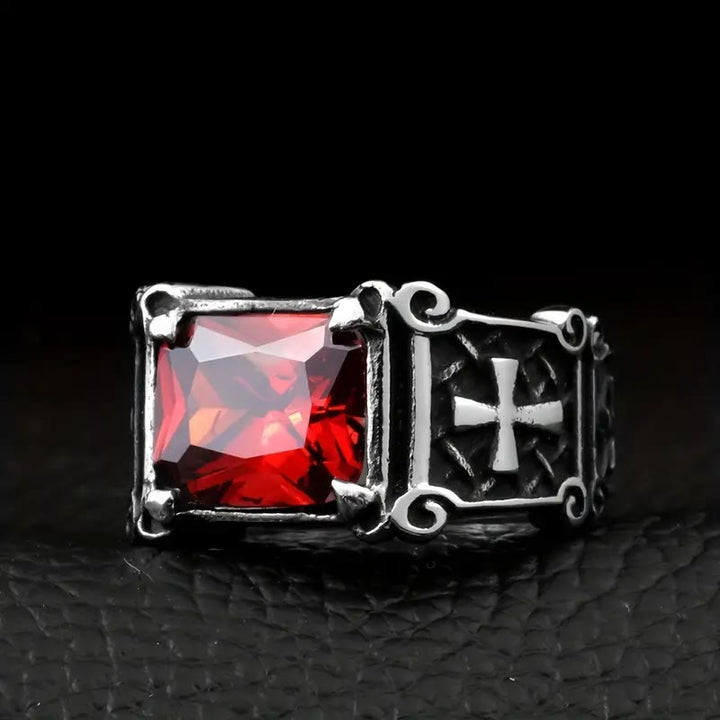Bague de couple ornée d'une croix en pierre précieuse rouge et noire de Christianartworkshop : un symbole de foi et d'élégance - image 7