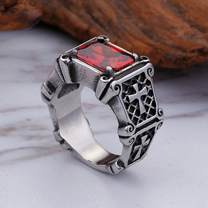 Bague de couple ornée d'une croix en pierre précieuse rouge et noire de Christianartworkshop : un symbole de foi et d'élégance - image 4