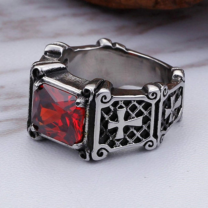 Bague de couple ornée d'une croix en pierre précieuse rouge et noire de Christianartworkshop : un symbole de foi et d'élégance - image 10