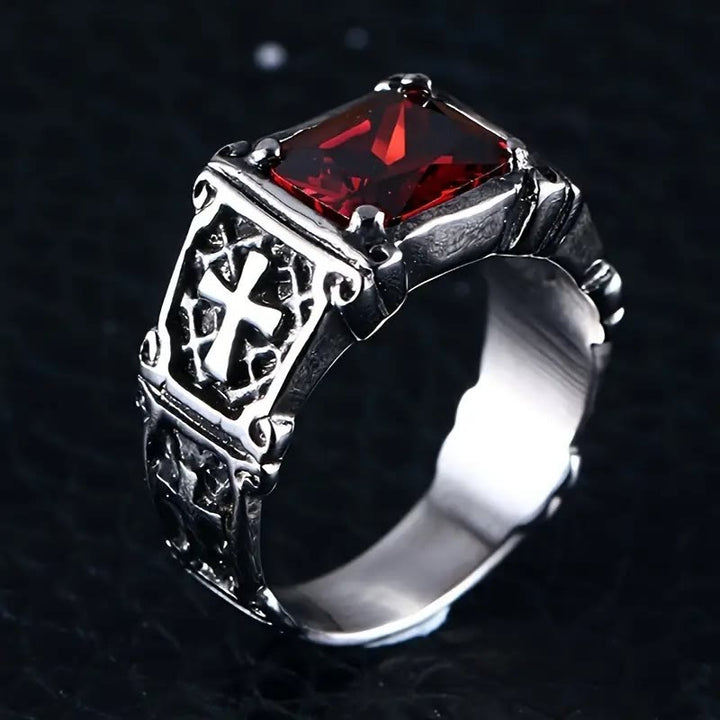 Bague de couple ornée d'une croix en pierre précieuse rouge et noire de Christianartworkshop : un symbole de foi et d'élégance - image 6