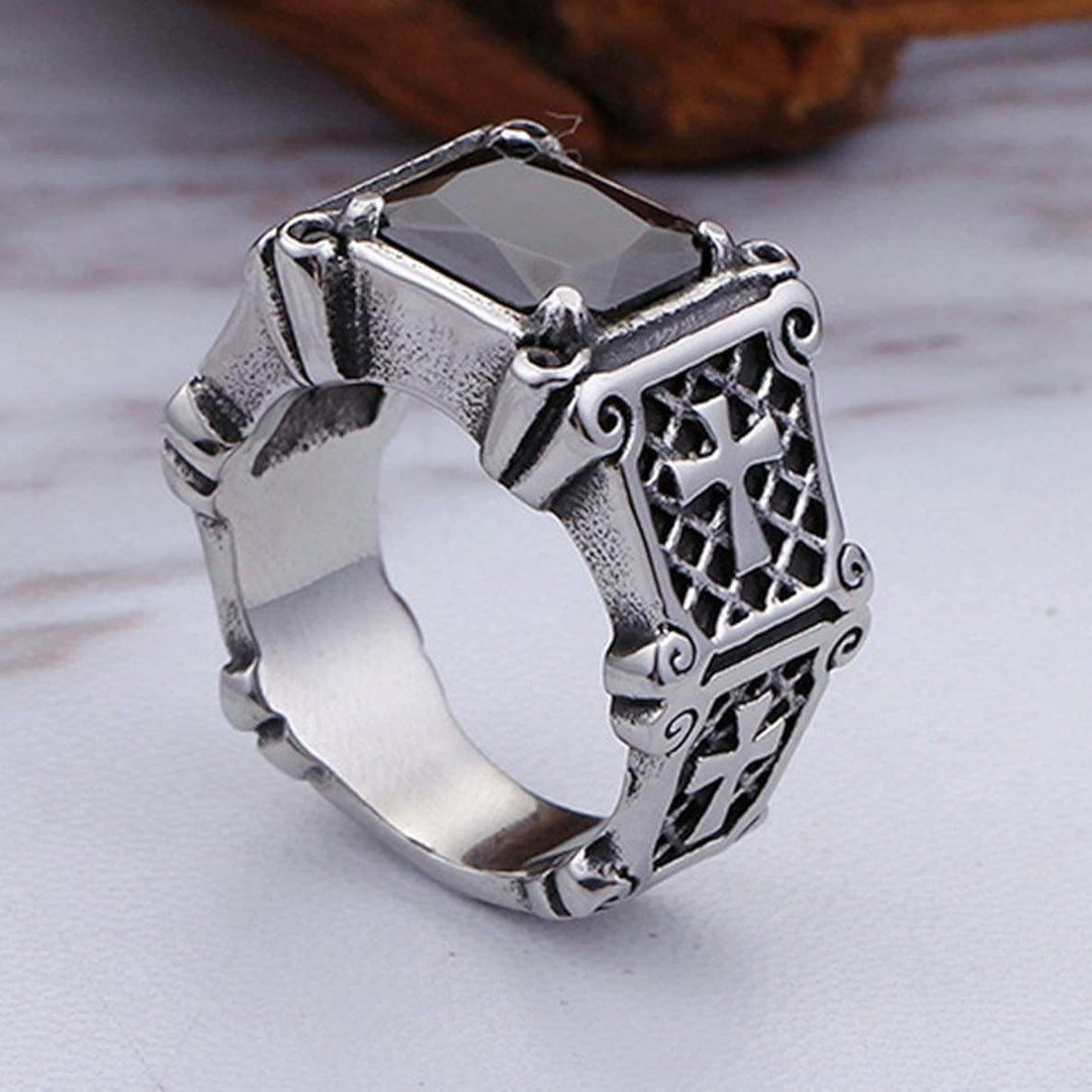 Bague de couple ornée d'une croix en pierre précieuse rouge et noire de Christianartworkshop : un symbole de foi et d'élégance - image 5