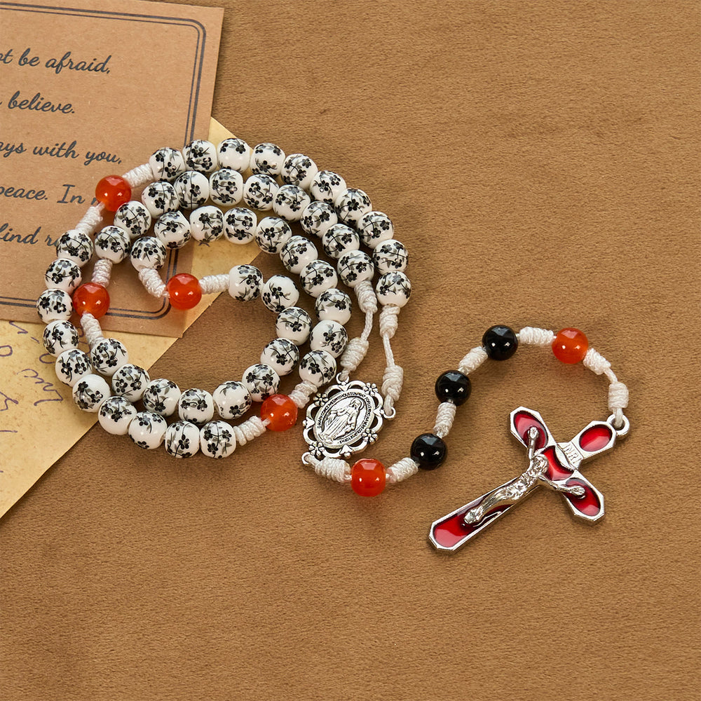 Christianartworkshop Médaille miraculeuse et crucifix en perles de céramique florales de 8 mm, chapelet fait main — Chapelet de protection divine - image 1